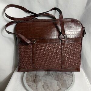 Coldwater Creek Brown Woven Faux Leather Shoulder Tote Work Bag Organizer